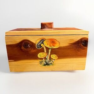 Boho Vintage Cedar Keepsake Box with Mushroom Art - Handmade Wood Box 70s